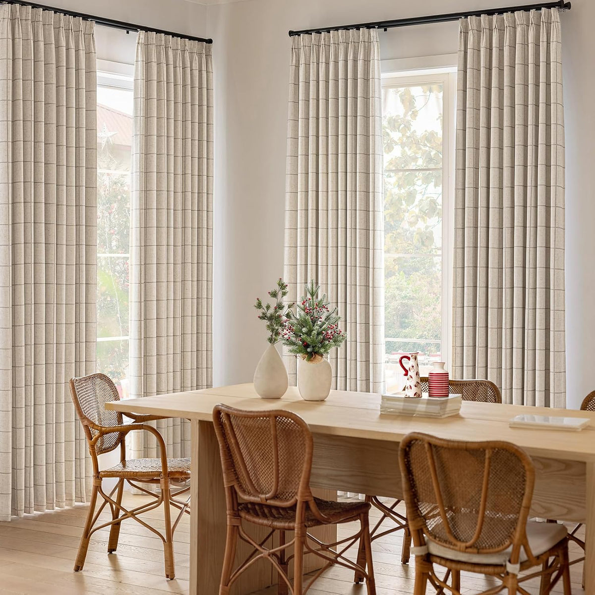 THREE GIRLS Plaid Pinch Pleated Curtains - Modern Luxury Linen Buffalo Blackout Drapes, Thermal Insulated Double Layer Window Panels for Living Room Bedroom, 120 Inches Long Brown 2 Panels Set