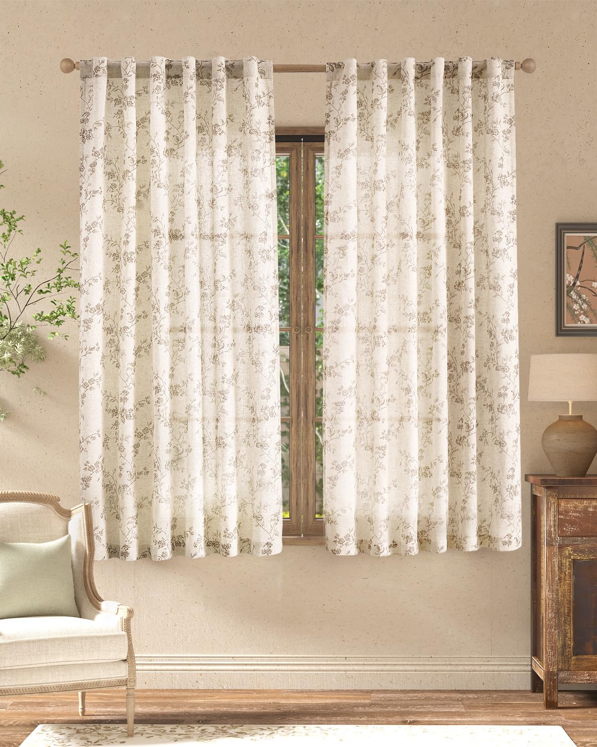 jinchan Taupe Floral Linen Curtains 84 Inch Farmhouse Back Tab 2 Panels