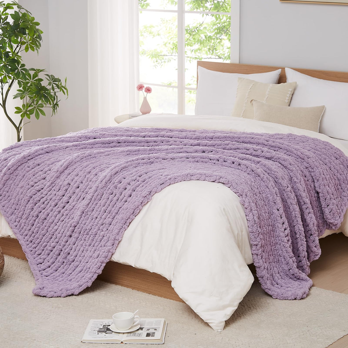 L'AGRATY Chunky Knit Throw Blanket for Couch, 50'' x 60'' Knit Throw, Ivory