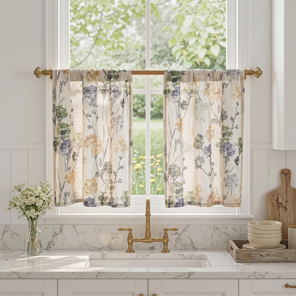 MYSKY HOME Floral Curtains 72 inch for Living Room Linen Semi Sheer Light Filtering Privacy Protect Lightweight Drapes Decor Farmhouse Soft Touch for Dining Room, Yellow, 52" Wide, 2 Panels
