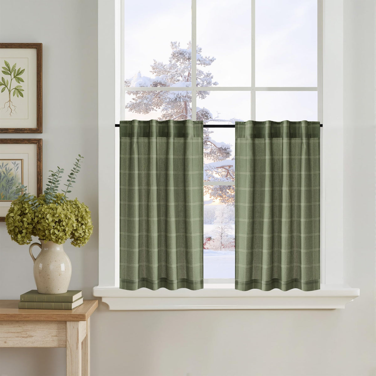 NICETOWN Moss Green Linen Plaid Curtains 96 inches Long for Bedroom