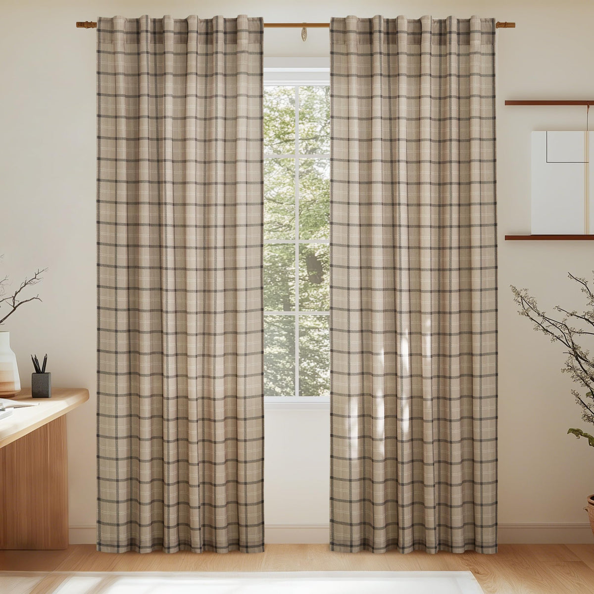 NICETOWN Moss Green Linen Plaid Curtains 96 inches Long for Bedroom