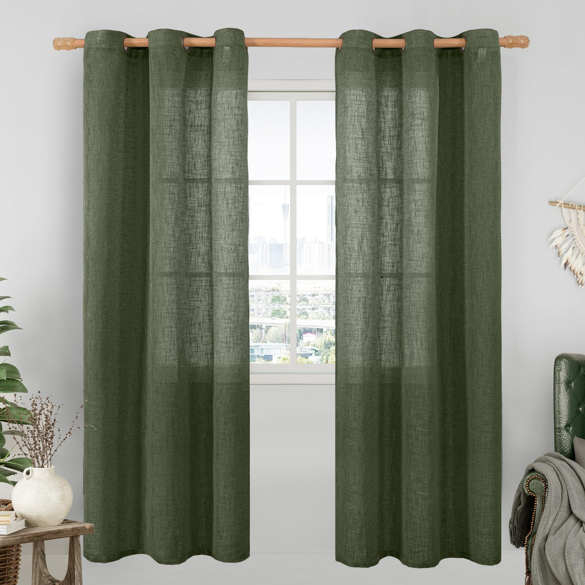 LAMIT Cream Ivory Linen Semi Sheer Curtains 84 inch Length for Bedroom