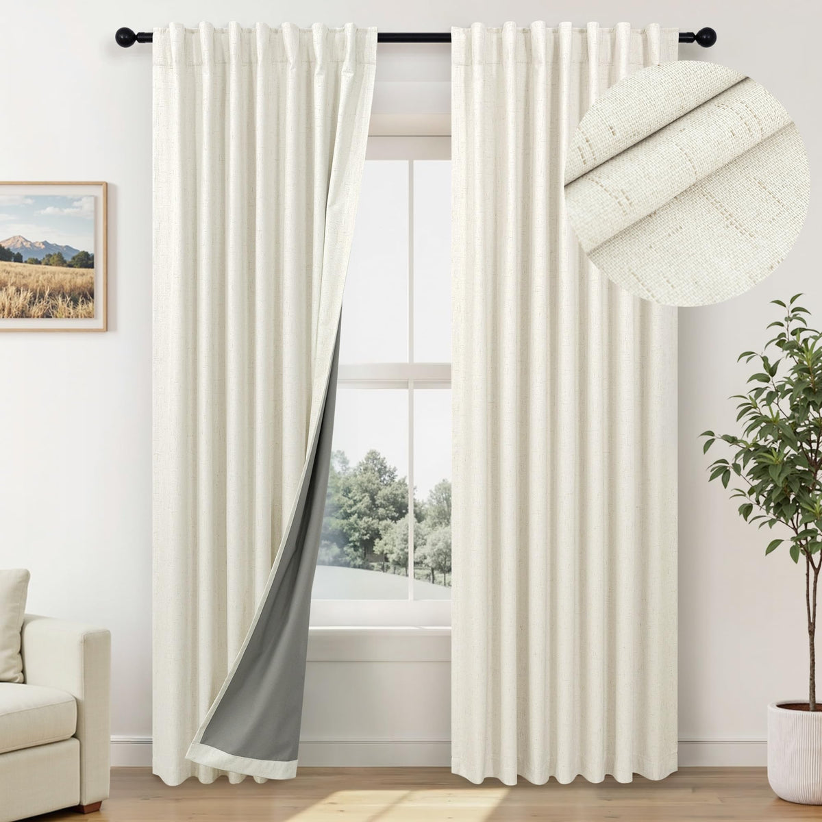 100% Blackout Curtains 84 Inch Length 2 Panels Set Neutral Boho Linen Farmhouse for Bedroom Windows Living Room Darkening Thermal Insulated Drapes Natural Cream Ivory 7ft Long Back Tab Pleated Pocket