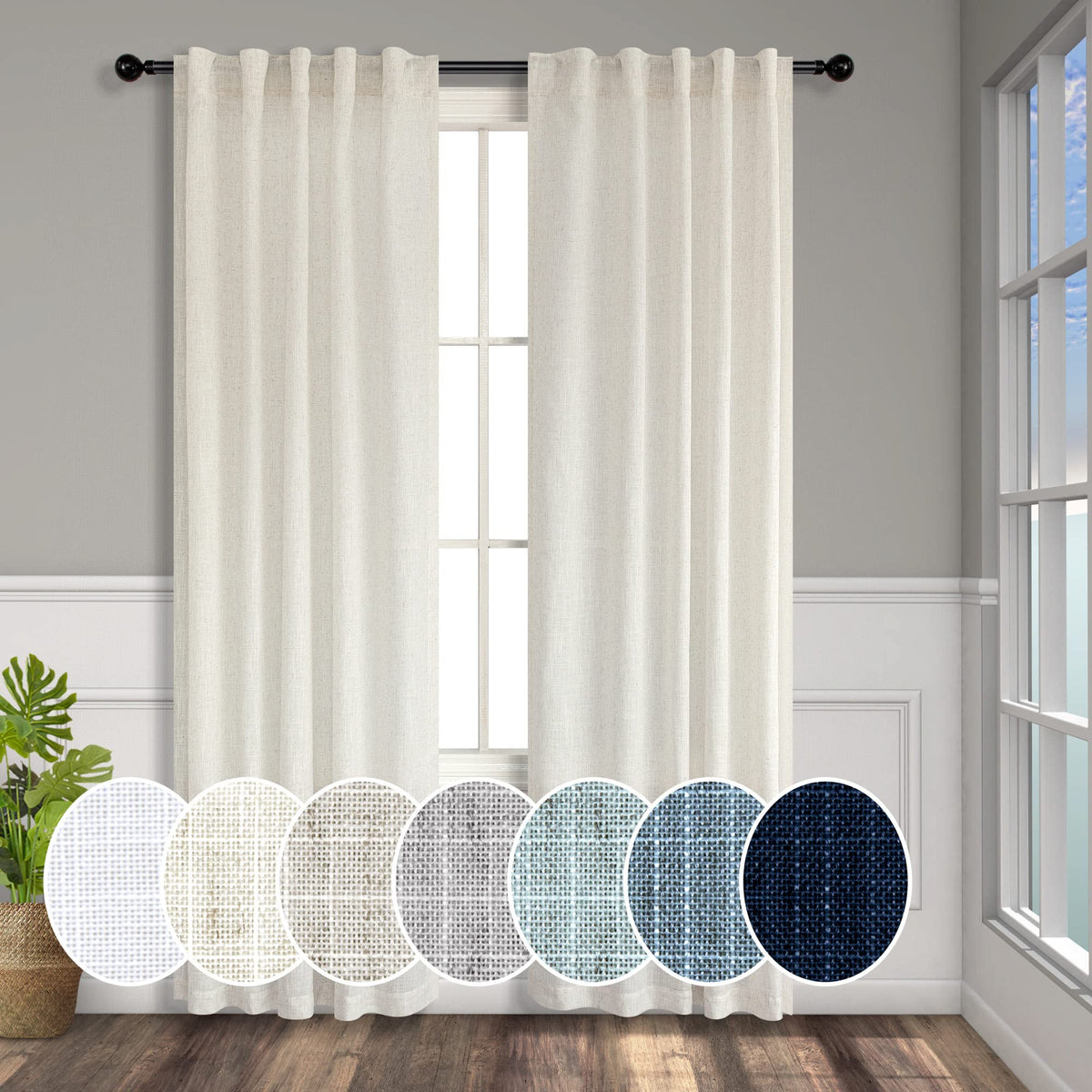 Natural Linen Back Tab Curtains 84 Inch Length for Living Room 2 Panel Pocket Drape Light Filtering Semi Sheer Neutral Country Rustic Farmhouse Boho Curtain Bedroom Muslin Look Ivory Cream Colored