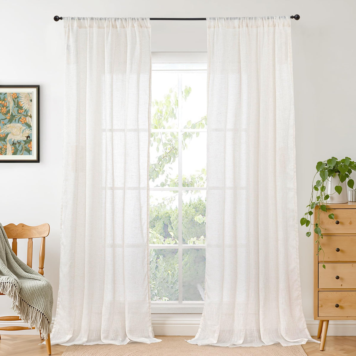 BGment Tan Linen Curtains 84 Inch Length 2 Panels Burlap Semi Sheer Drapes