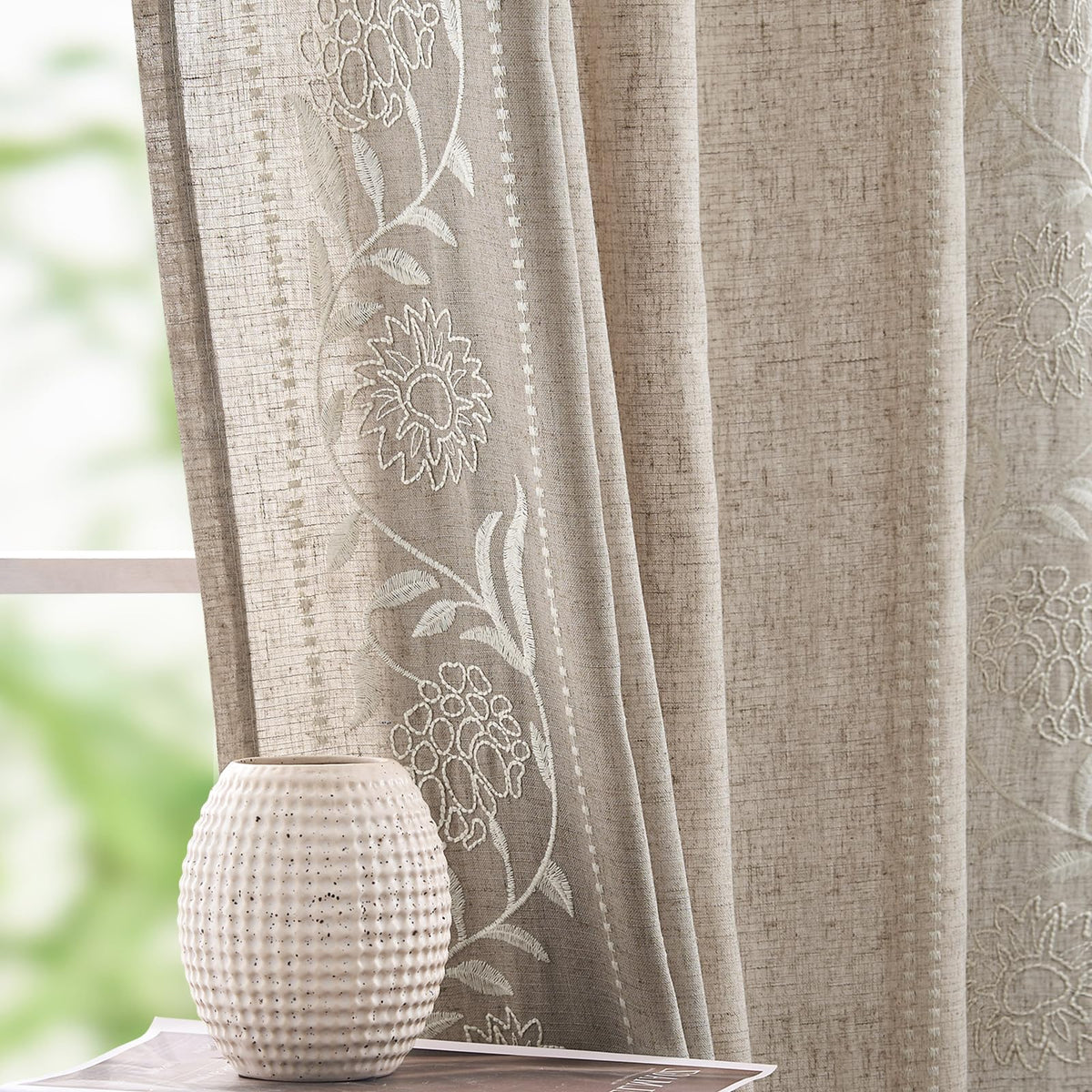 jinchan Sage Floral Linen Curtains for Living Room 84" Back Tab 2 Panels