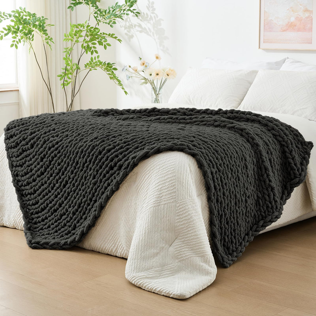 Bigacogo Chunky Knit Throw Blanket for Couch, 40x60 inches, Beige