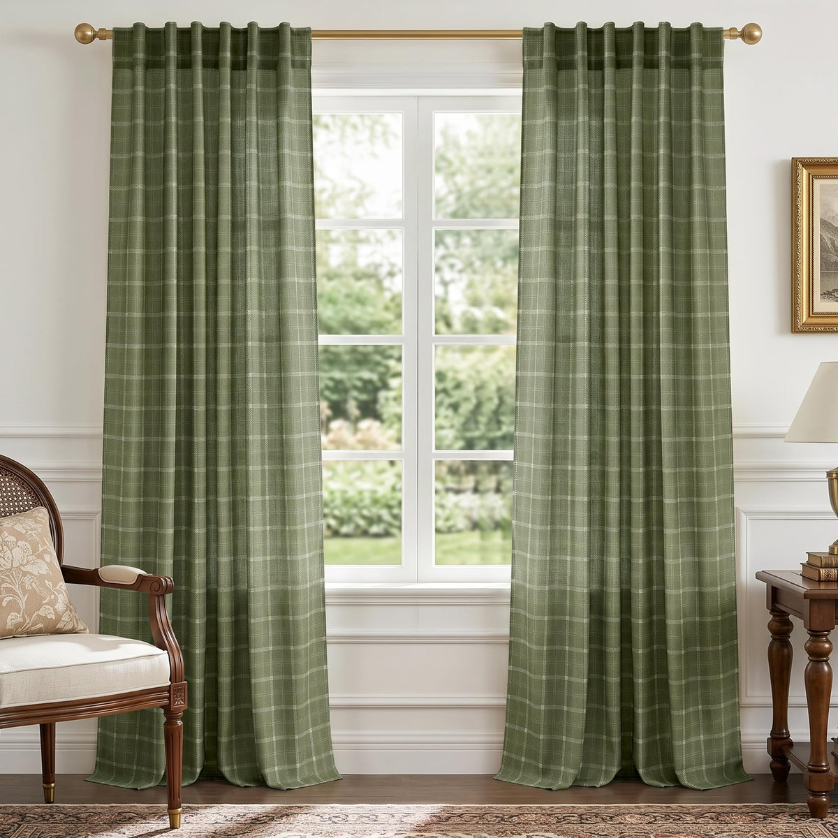 NICETOWN Moss Green Linen Plaid Curtains 96 inches Long for Bedroom