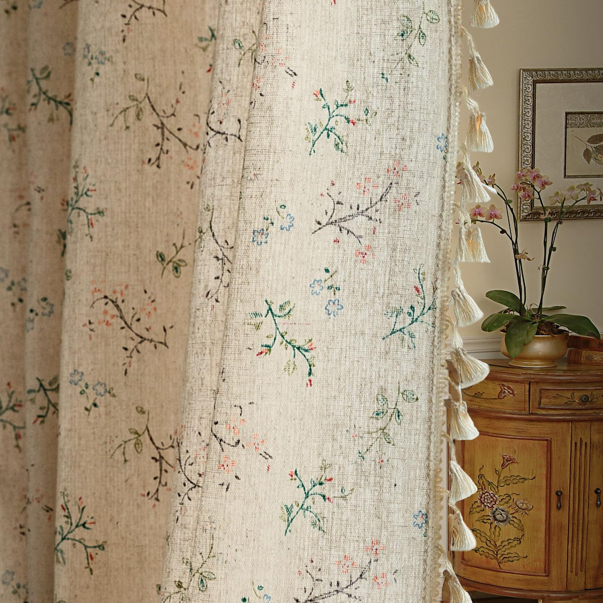 ENJOYBRIDAL Floral Curtains 84 Inch Long Living Room Boho Drapes Bedroom 2 Panels Semi Sheer Floor Length Window Curtain Panels Vintage Rod Pocket Tassel Farmhouse Nursery Window Treatments