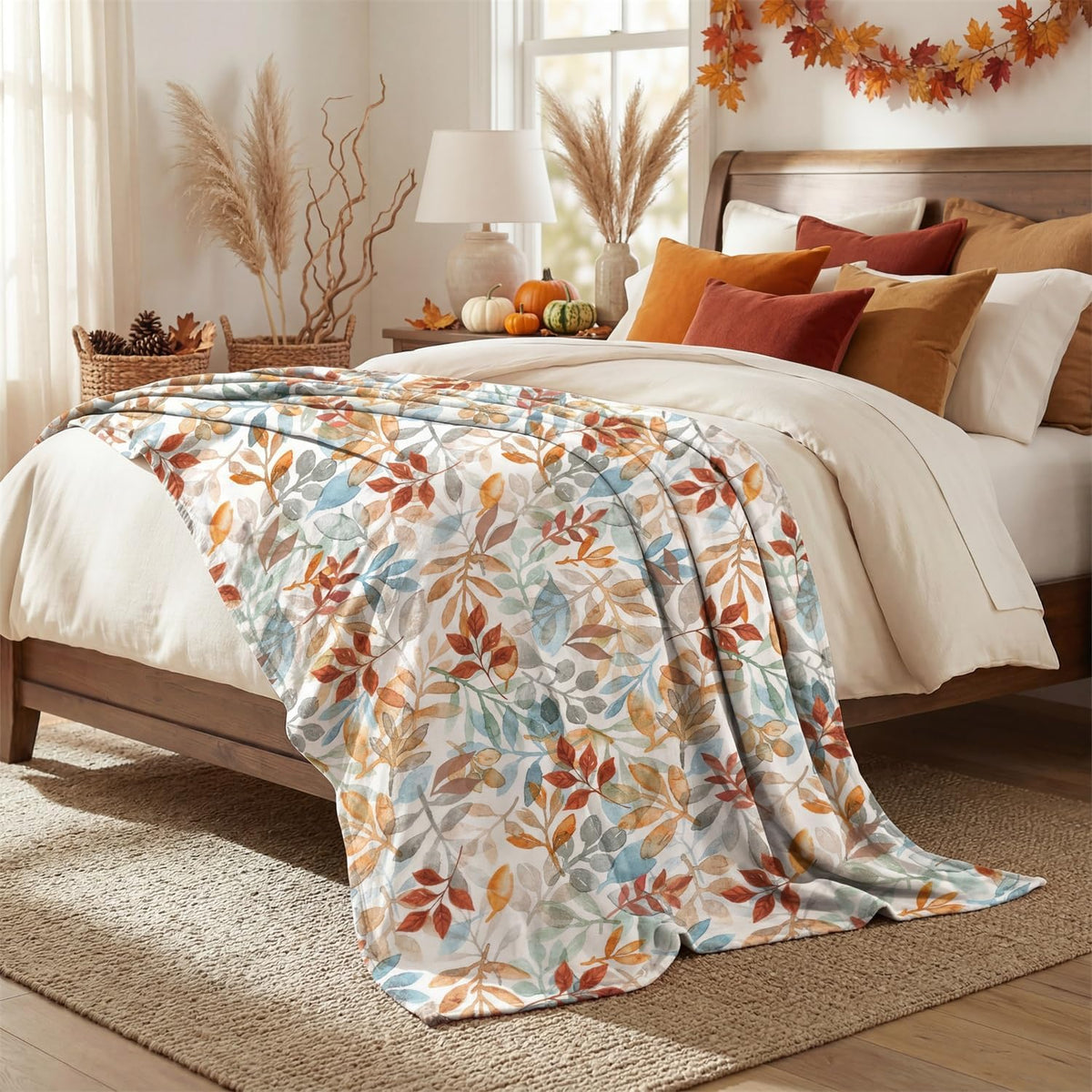 Horaldaily Fall Orange Blue Watercolor Leaves Flannel Throw Blanket 50x60