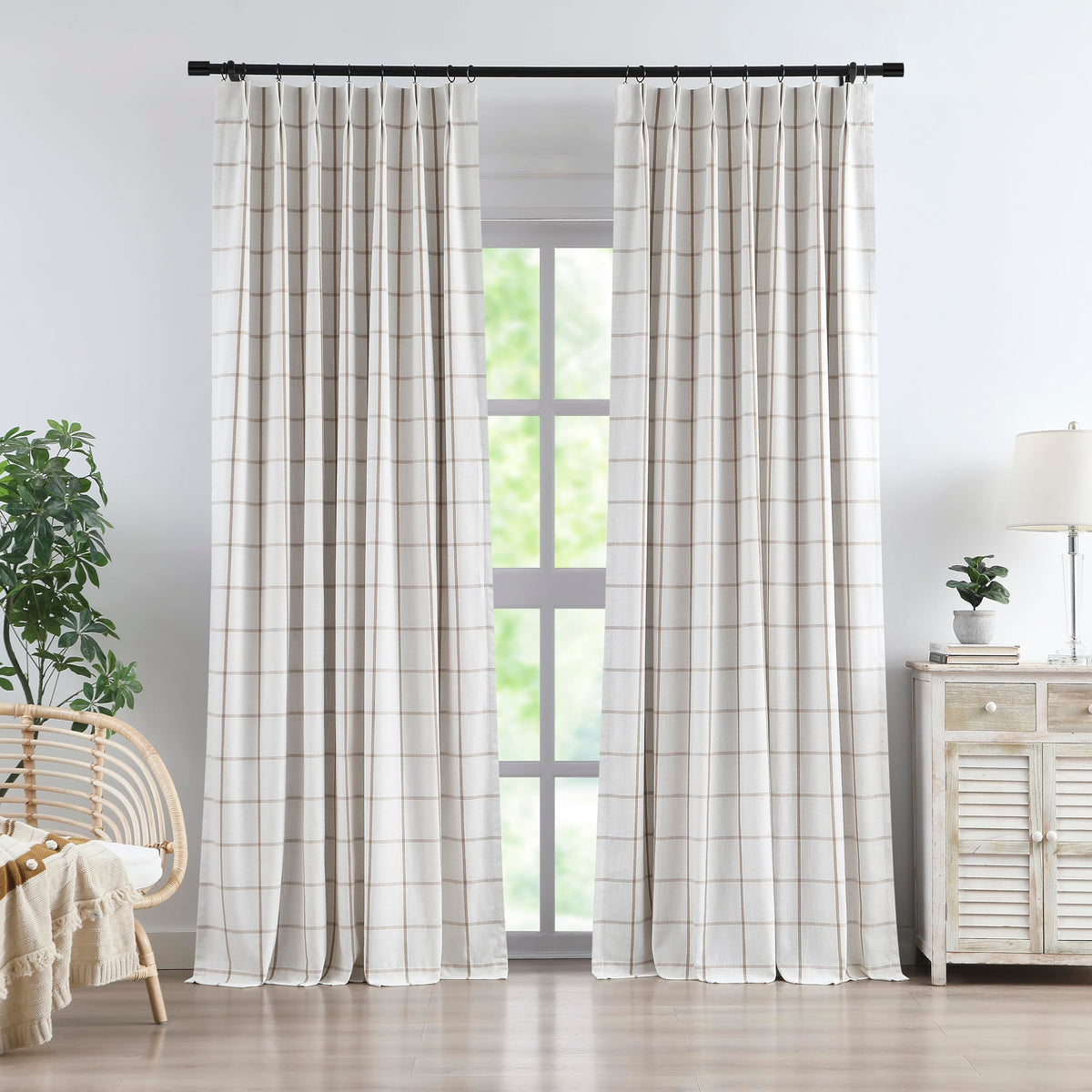 Vision Home Blue Plaid Linen Pinch Pleated Full Blackout Curtains 40Wx84Lx2