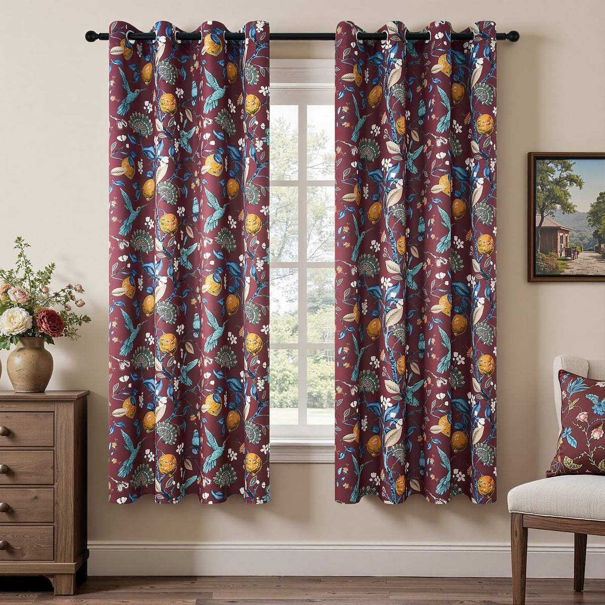 Topfinel Mustard Yellow Vintage Curtains & Drapes 84 Inches Long, Grommet Luxury Whimsical Floral Lemon Hummingbird Patterned Waverly Mid Century Colorful Blackout Drapes for Living Room Bedroom