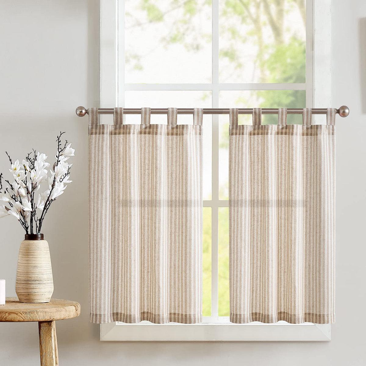 jinchan Striped Linen Kitchen Curtains 36 Inches Length Tier Curtains Farmhouse Modern Cafe Style Small Window Treatments Airy Light Filtering Rod Pocket for Living Room Bathroom 2 Panels Sage Green