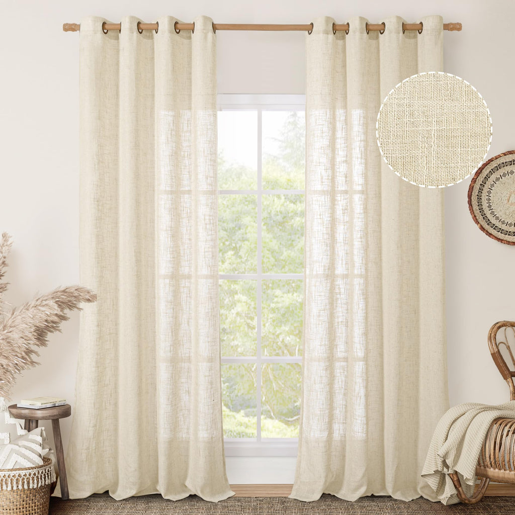 LAMIT Cream Ivory Linen Semi Sheer Curtains 84 inch Length for Bedroom