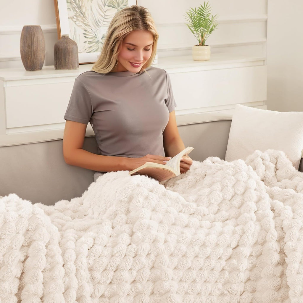 Whale Flotilla Soft 3D Jacquard Fleece Throw Blanket for Couch & Bed, Ivory
