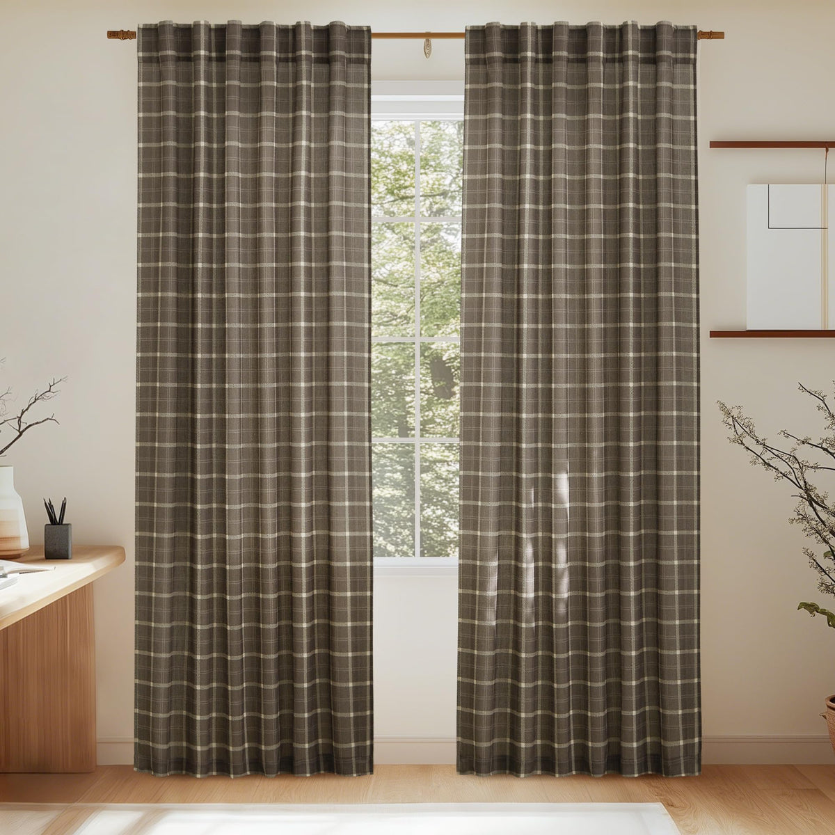 NICETOWN Moss Green Linen Plaid Curtains 96 inches Long for Bedroom