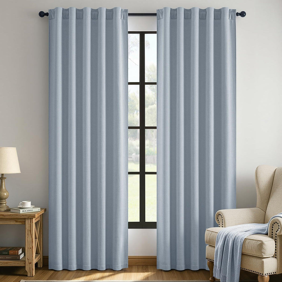 MIULEE Thick Linen Curtains, 42Wx72L, Light Blue Semi Sheer Linen Textured