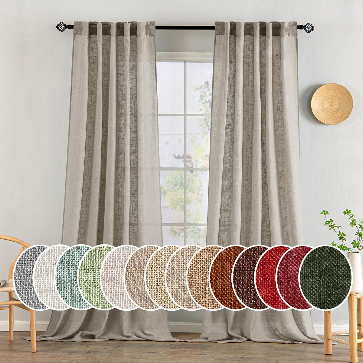MIULEE Taupe Linen Curtains 52x84 Inch Length for Bedroom and Living Room