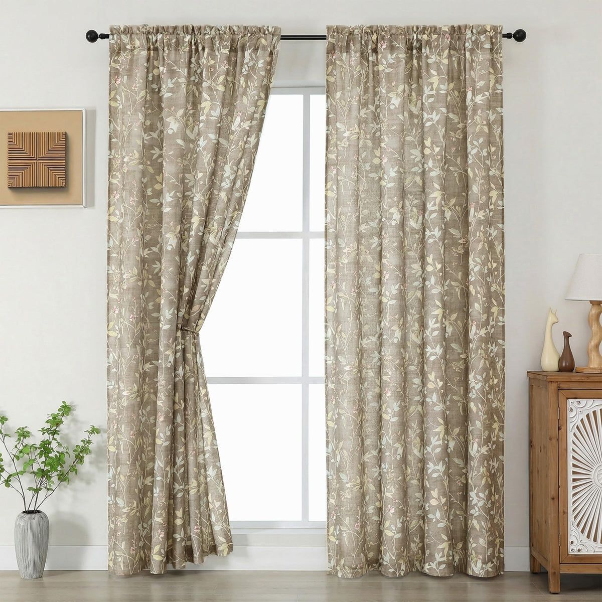 Chyhomenyc Roman Linen Blend Curtains 45 Inch Length 2 Panels, Light Filtering Soft Airy Leaf Floral Printed Rod Pocket Textured Window Treatment Drapes for Living Room Bedroom, 38Wx45L Inch, 2 PCS