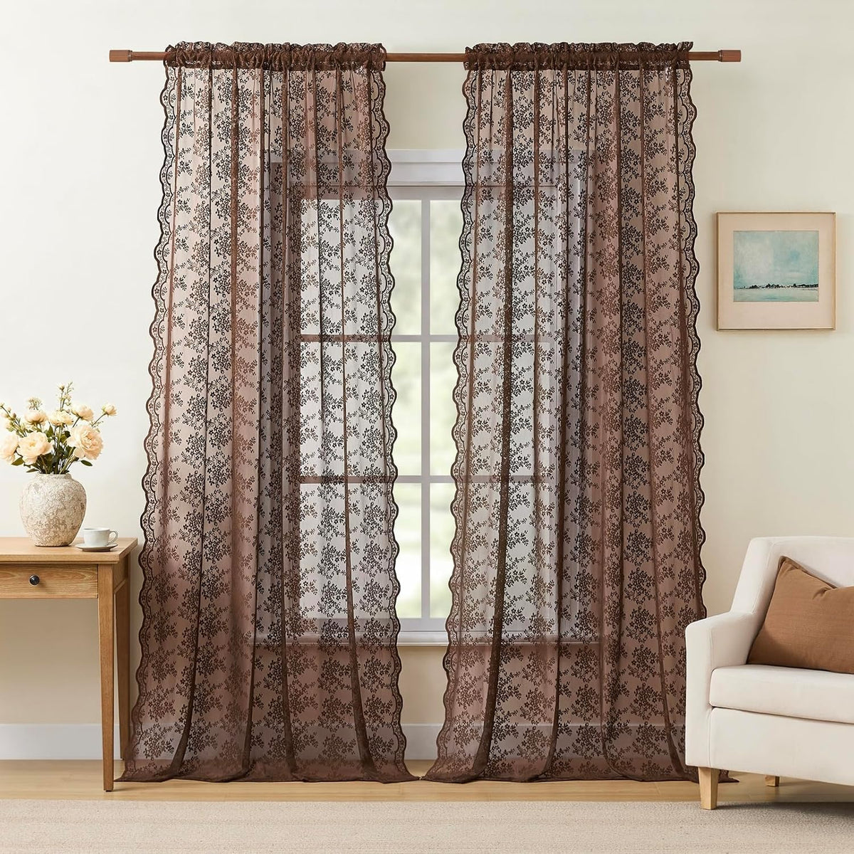 YJ YANJUN Vintage Lace Curtains 84 Inches Long-Victorian Floral Pattern Ivory Sheer Curtain Panels for Living Room Bedroom French Door, Light Filtering Drapes, 2 Panels 52W x 84L Cream