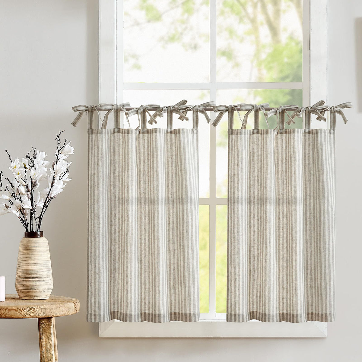 jinchan Striped Linen Kitchen Curtains 36 Inches Length Tier Curtains Farmhouse Modern Cafe Style Small Window Treatments Airy Light Filtering Rod Pocket for Living Room Bathroom 2 Panels Sage Green