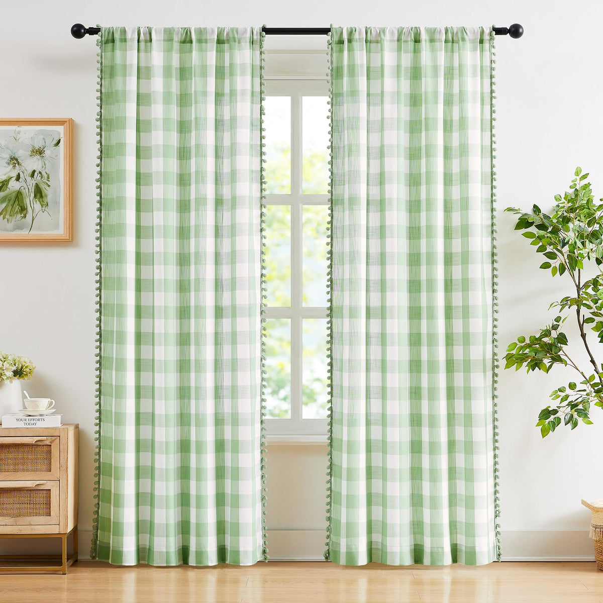 White Black Buffalo Check Curtains with PomPoms 45" SemiSheer Country Plaid