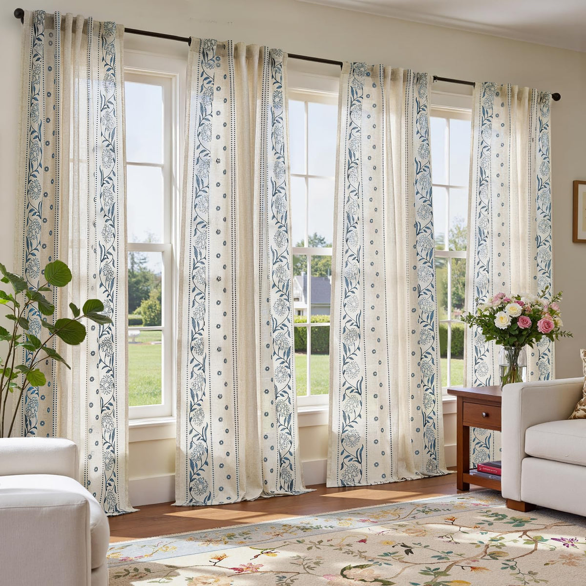 jinchan Sage Floral Linen Curtains for Living Room 84" Back Tab 2 Panels