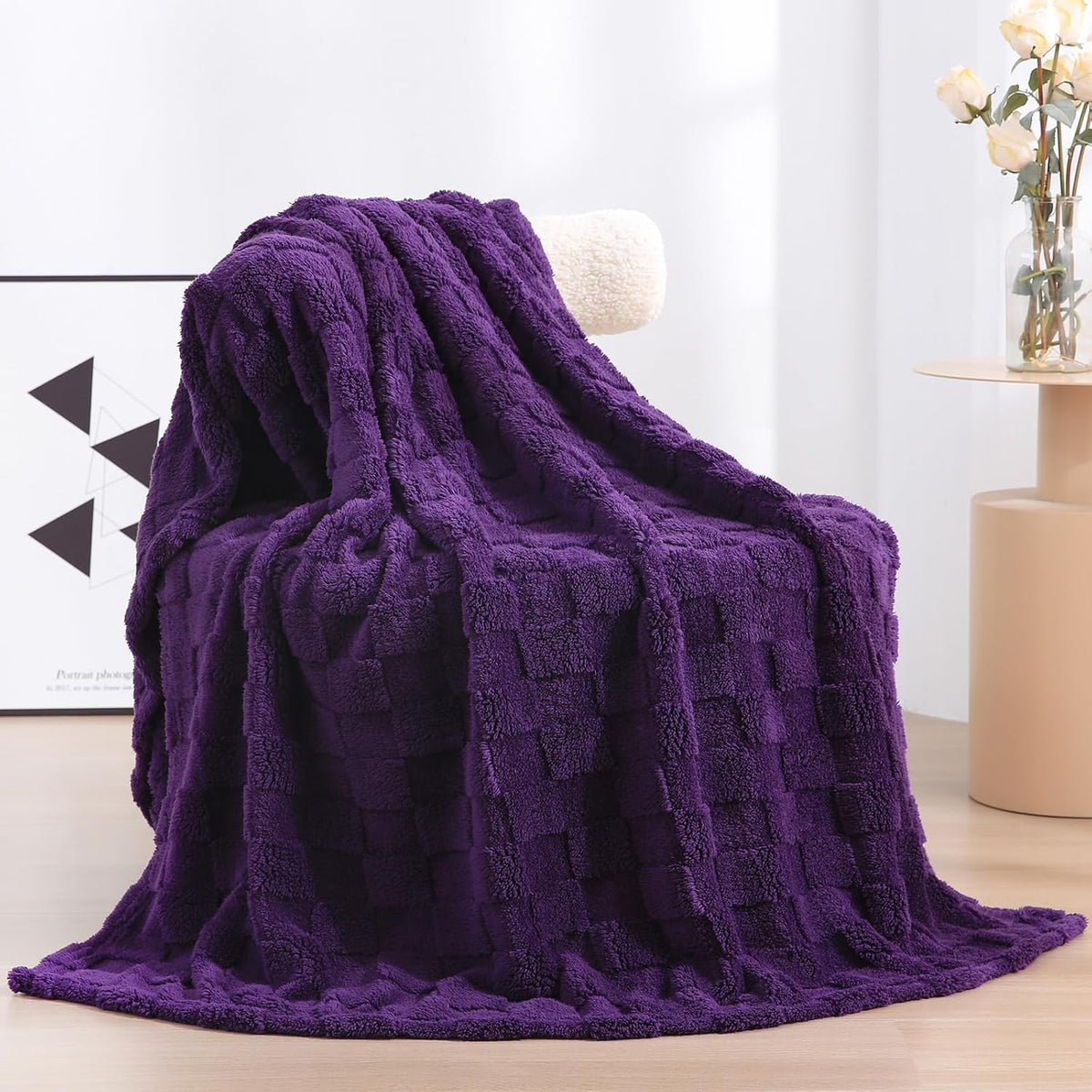 Deep Purple Fleece Throw Blanket 50”×60”Checkered Design for Couch