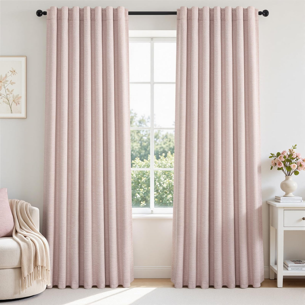 Topfinel Linen Blackout Curtains 96 Inch Long, Boho Farmhouse Ivory Birch Viral Drapes Pinch Pleated Curtains with Hooks for Living Room, Neutral 8 FT Back Tab Bedroom Curtains 52" X 96" 2 Panels