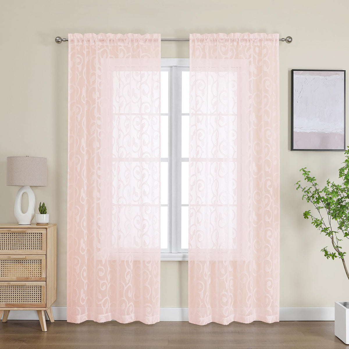 OWENIE Furman Ivory Sheer Curtains 84 inches Long for Bedroom Living Room 2 Panels Set, Jacquard Clip Light Filtering Semi Sheer Curtain Rod Pocket Window Drapes, 2 Pcs Each 40 W 84 L