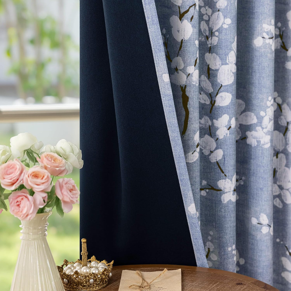 FMFUNCTEX Blue Blackout Floral Curtains, Bedroom, 100X84 Inches, 1 Panel