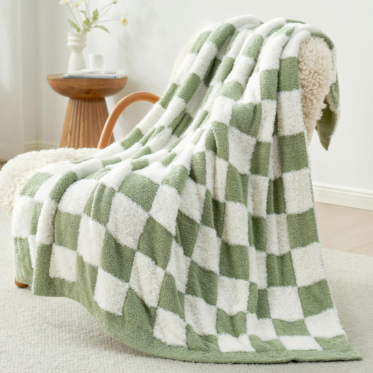 Snuggle Sac Fall Checkered Throw Blanket Faux Fur Microfiber Blankets for Couch,Cozy Soft Warm Blanket for Sofa Bedroom Living Room,Beige Checker,50x60 inches