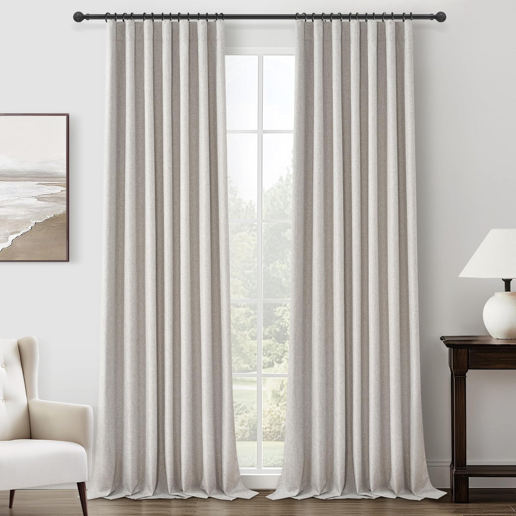 100% Blackout Curtains 84 Inch Length 2 Panels Set Farmhouse Style for Bedroom Windows/Living Room Thermal Insulated Neutral Boho Drapes Linen Blend Natural Ivory 7ft Long Hook Belt Pleated/Back Tab