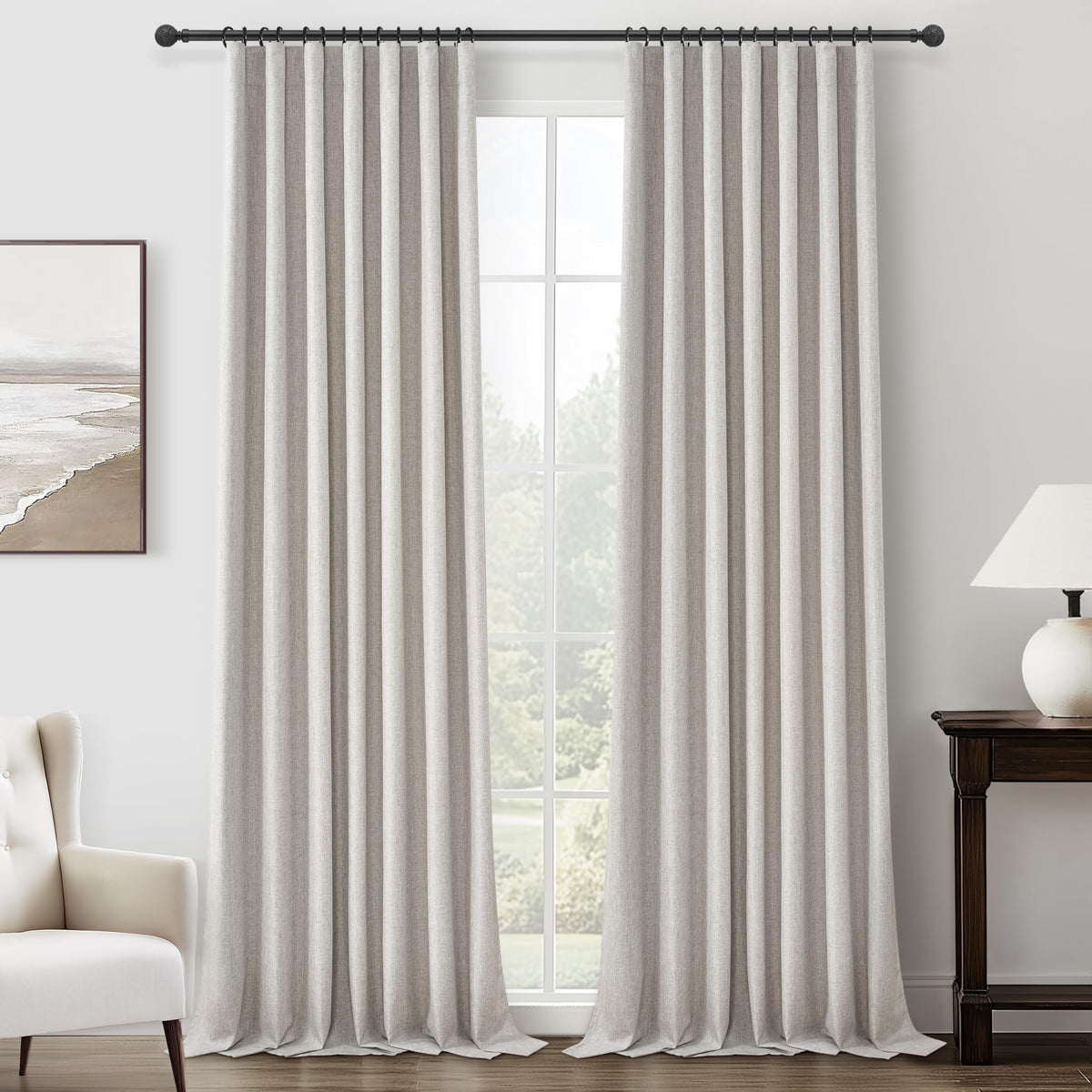 100% Blackout Curtains 84 Inch Length 2 Panels Set Farmhouse Style for Bedroom Windows/Living Room Thermal Insulated Neutral Boho Drapes Linen Blend Natural Ivory 7ft Long Hook Belt Pleated/Back Tab