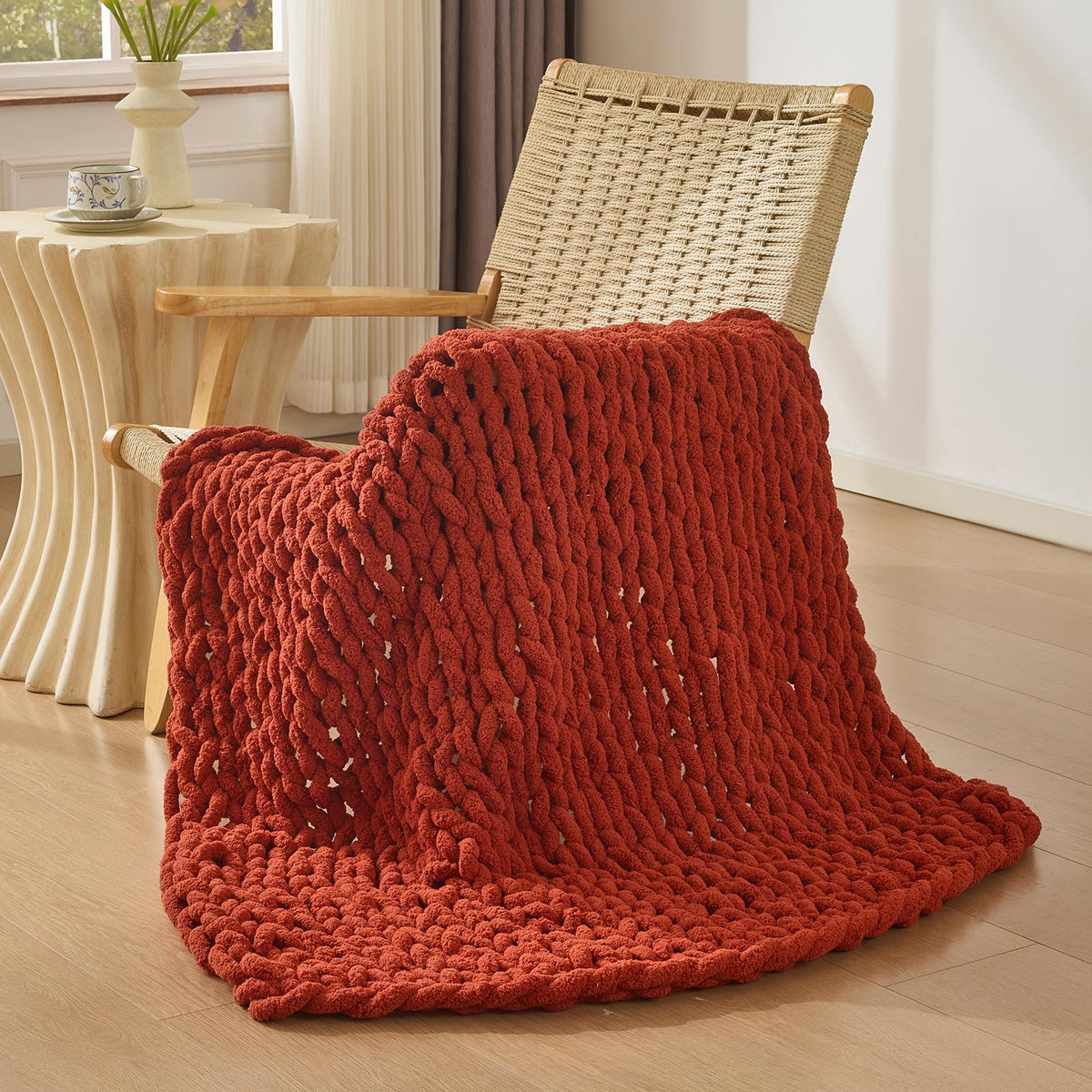 Bigacogo Chunky Knit Throw Blanket for Couch, 40x60 inches, Beige