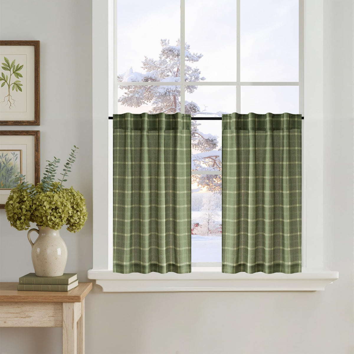 NICETOWN Moss Green Linen Plaid Curtains 96 inches Long for Bedroom