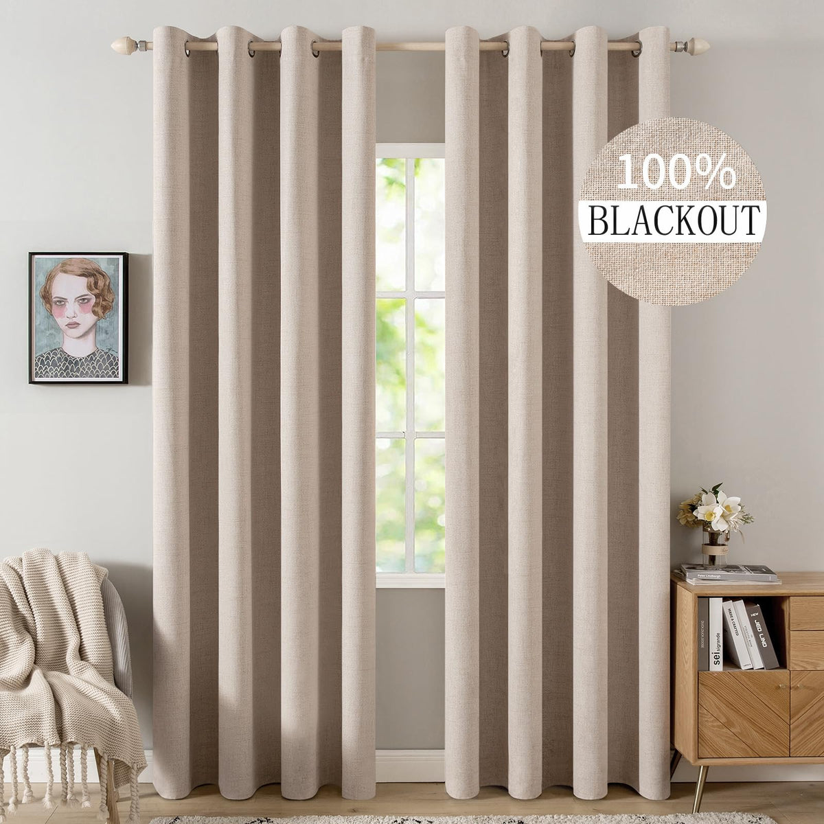 MIULEE 100% Blackout Linen Curtains for Bedroom 52x84 Inches Dusty Blue