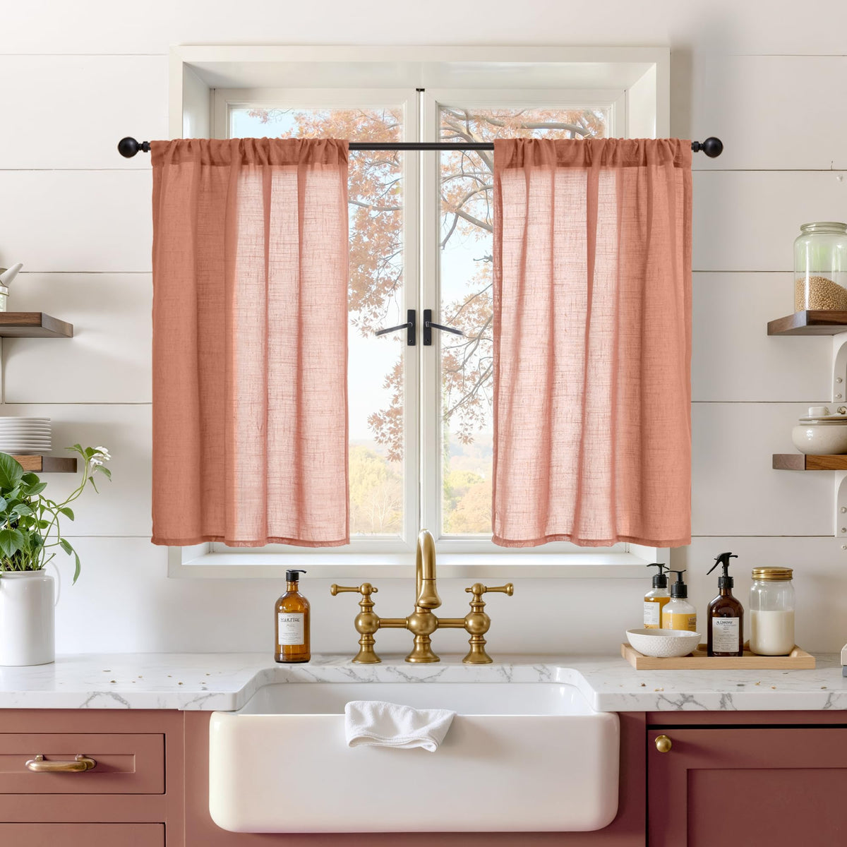 BGment Tan Linen Curtains 84 Inch Length 2 Panels Burlap Semi Sheer Drapes