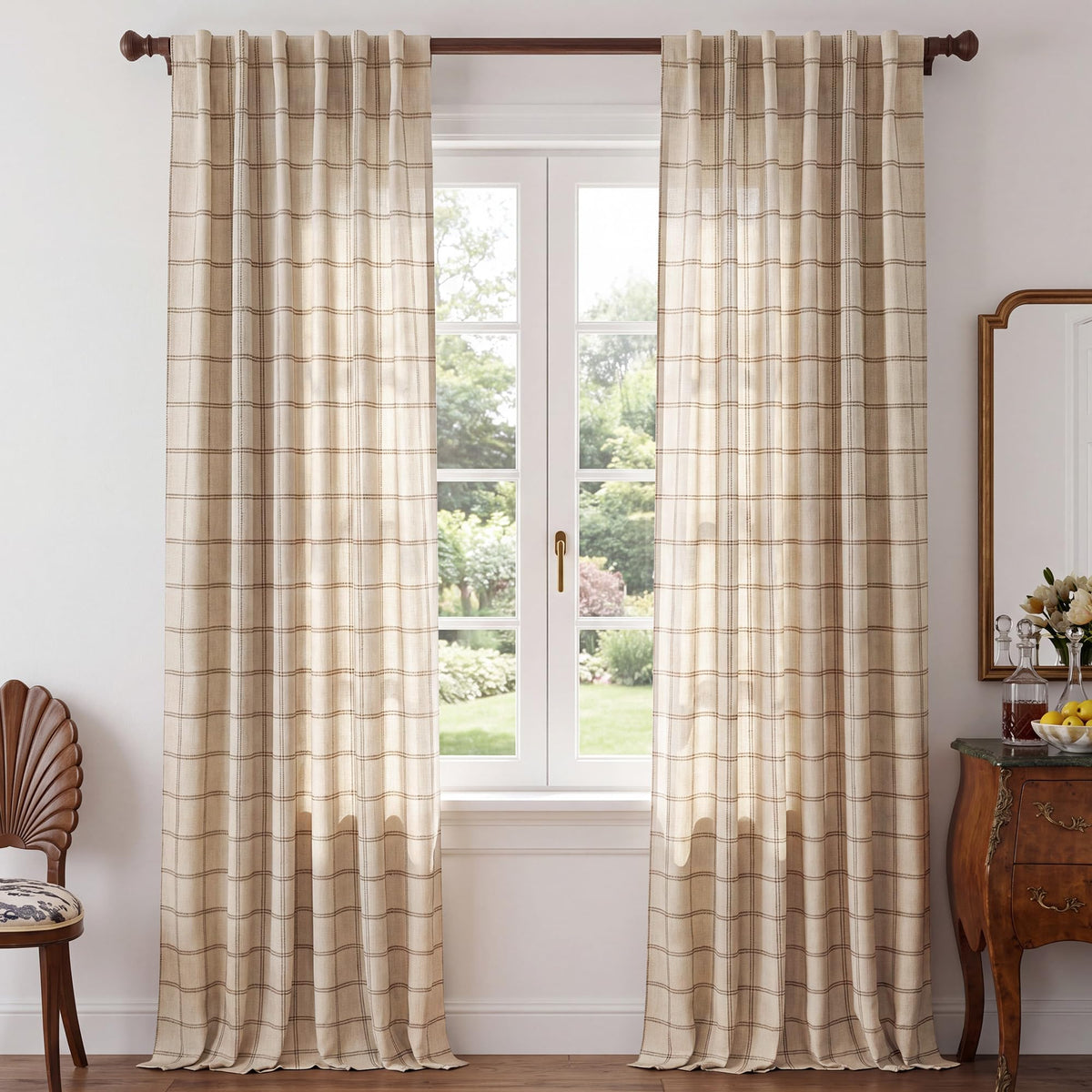 NICETOWN Moss Green Linen Plaid Curtains 96 inches Long for Bedroom