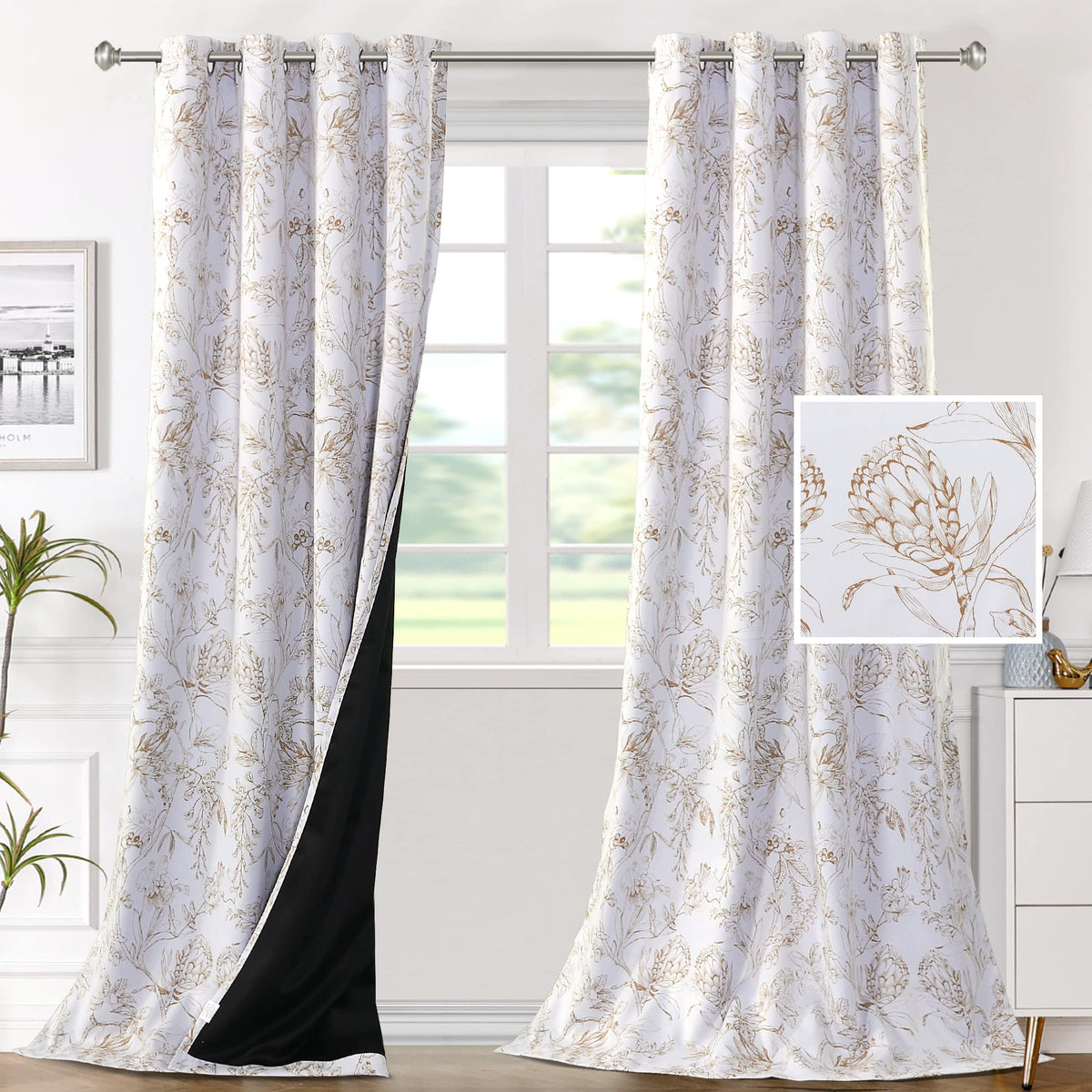 H.VERSAILTEX 100% Blackout Curtains 84 inch Length 2 Panels Set Cattleya Floral Printed Drapes Leah Floral Thermal Curtains for Bedroom with Black Liner Sound Proof Curtains, Grey and Taupe