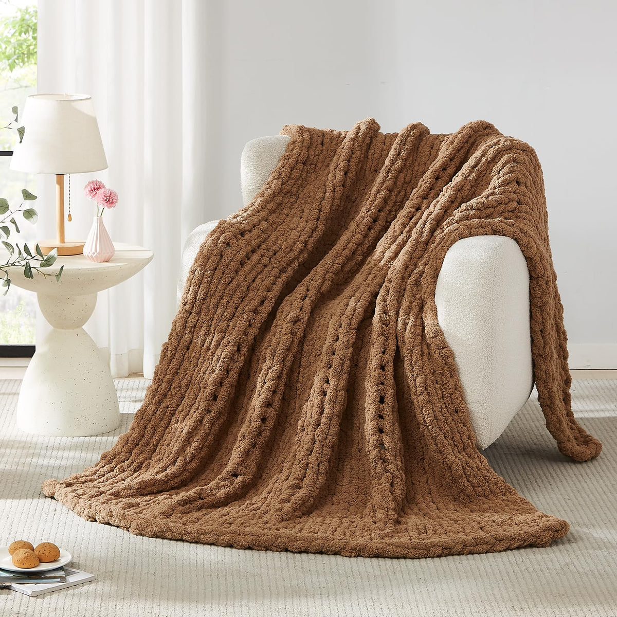 L'AGRATY Chunky Knit Throw Blanket for Couch, 50'' x 60'' Knit Throw, Ivory