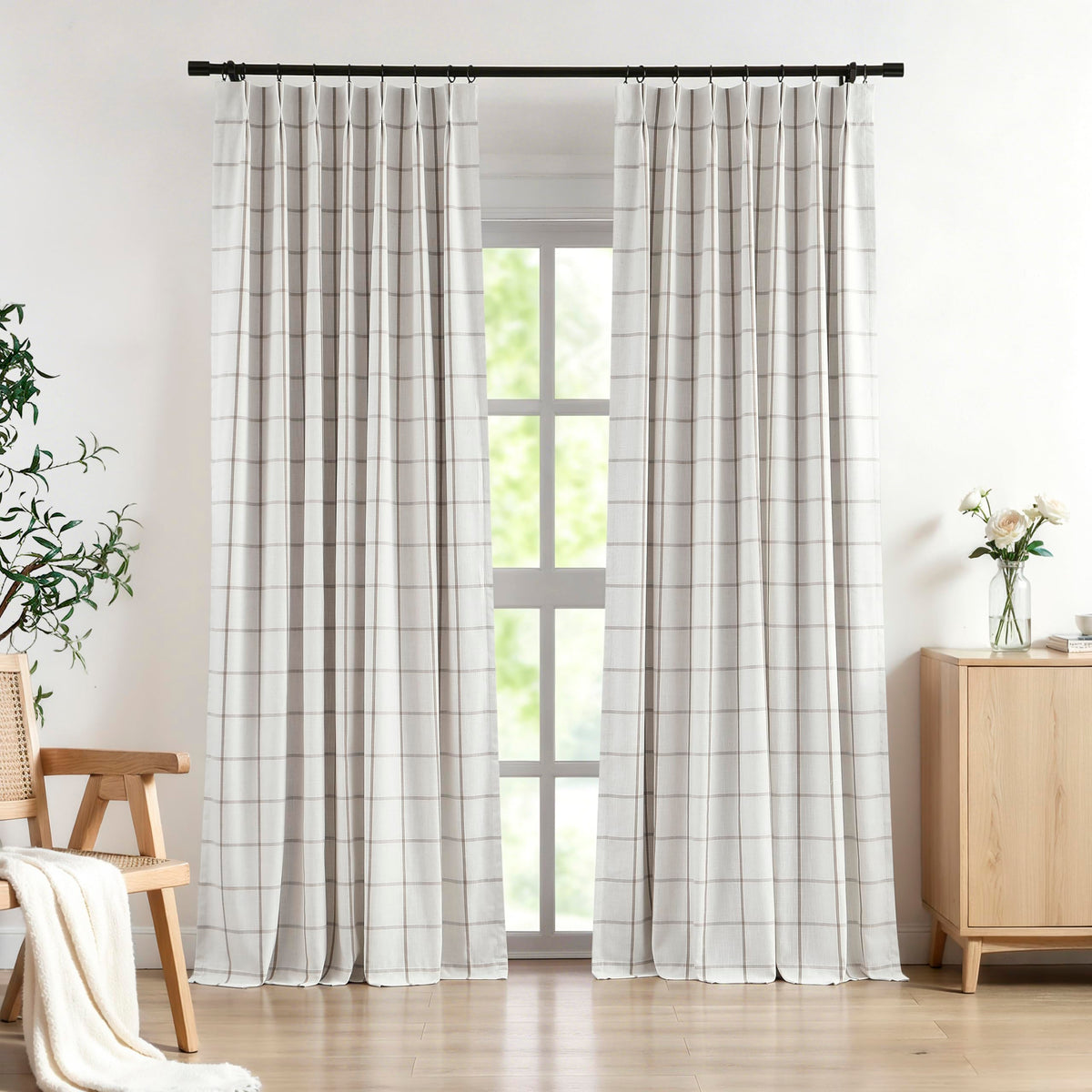 Vision Home Blue Plaid Linen Pinch Pleated Full Blackout Curtains 40Wx84Lx2