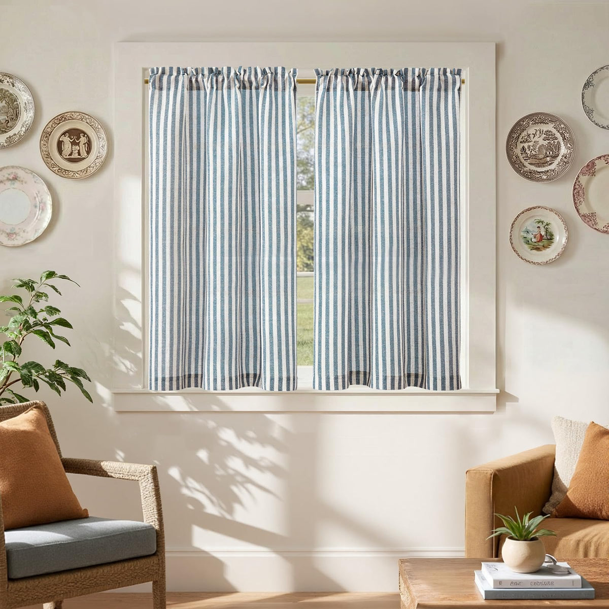 jinchan Striped Linen Kitchen Curtains 36 Inches Length Tier Curtains Farmhouse Modern Cafe Style Small Window Treatments Airy Light Filtering Rod Pocket for Living Room Bathroom 2 Panels Sage Green