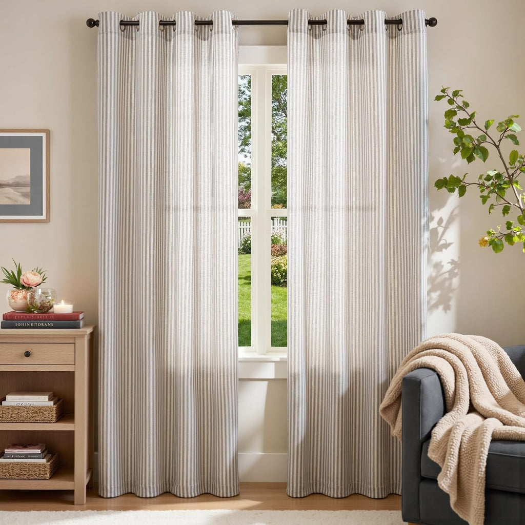 jinchan Linen Curtains 84 Inch Taupe Grey Stripe on Beige Grommet 2 Panels