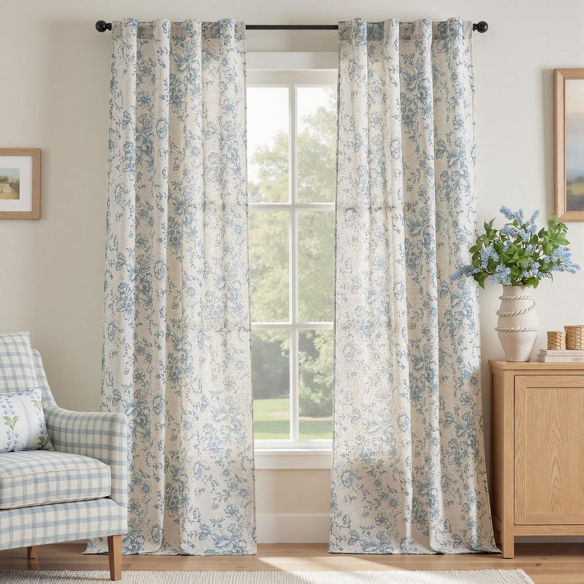 jinchan Vintage Floral Linen Curtains 84 Long for Living Room 2 Panels