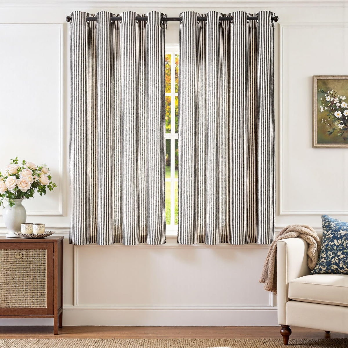 jinchan Linen Curtains 84 Inch Taupe Grey Stripe on Beige Grommet 2 Panels