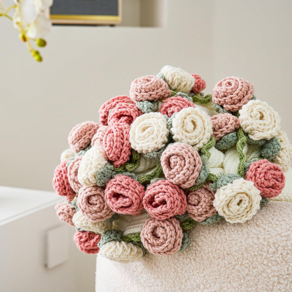 Crochet Flower Bouquet Throw Blanket, Handmade Knitted Blanket with Rose Flowers, Cute Romantic Gift for Her Girlfriend Mom Mother’s Day Valentine Wedding Anniversary Birthday, Pink and White