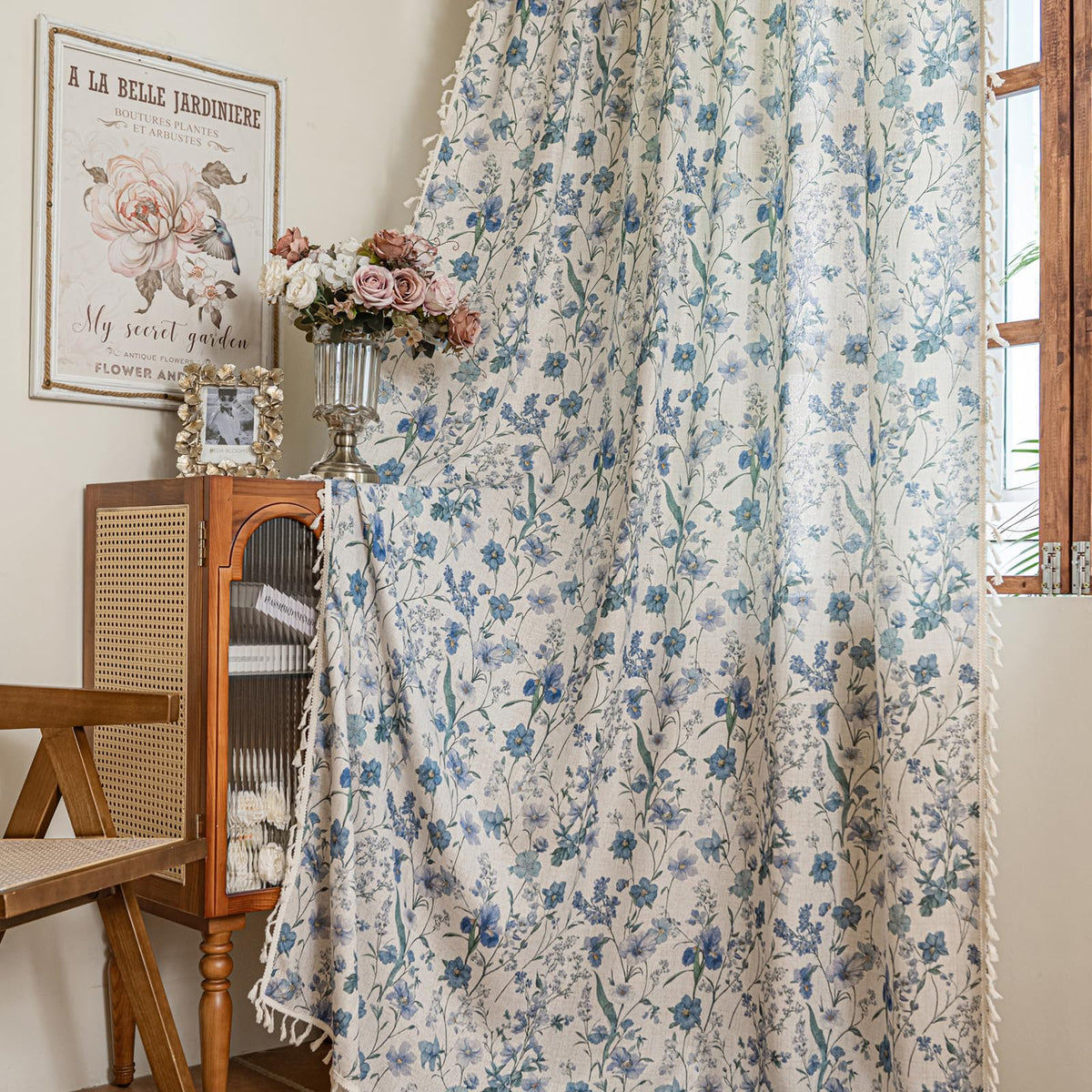ENJOYBRIDAL Floral Curtains 84 Inch Long Living Room Boho Drapes Bedroom 2 Panels Semi Sheer Floor Length Window Curtain Panels Vintage Rod Pocket Tassel Farmhouse Nursery Window Treatments