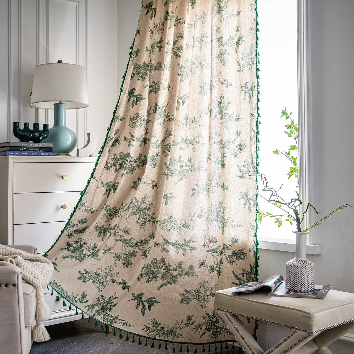 ENJOYBRIDAL Floral Curtains 84 Inch Long Living Room Boho Drapes Bedroom 2 Panels Semi Sheer Floor Length Window Curtain Panels Vintage Rod Pocket Tassel Farmhouse Nursery Window Treatments